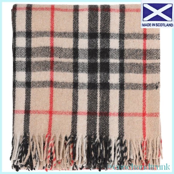 SCOTTISH IMPORTED THROW BLANKET Tan Red Black Ivory White Wool NWT - Picture 6 of 9